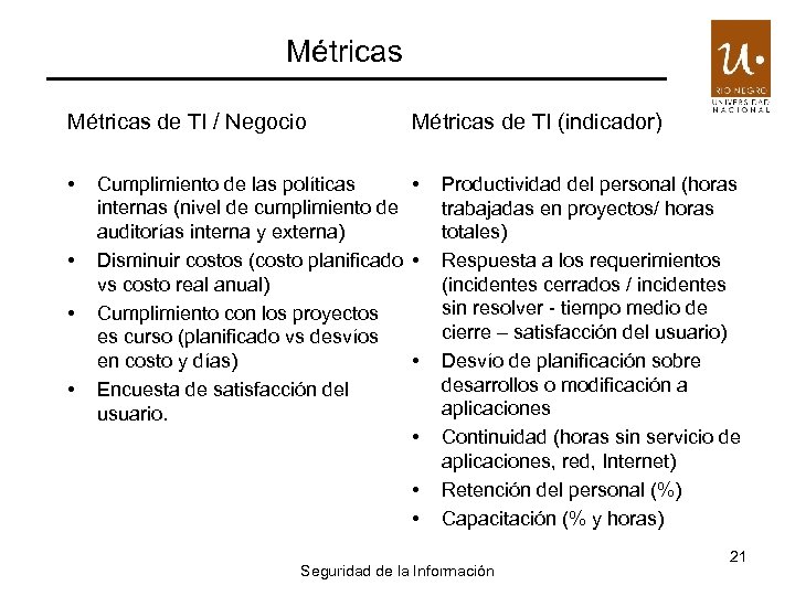 Métricas de TI / Negocio • • Métricas de TI (indicador) Cumplimiento de las