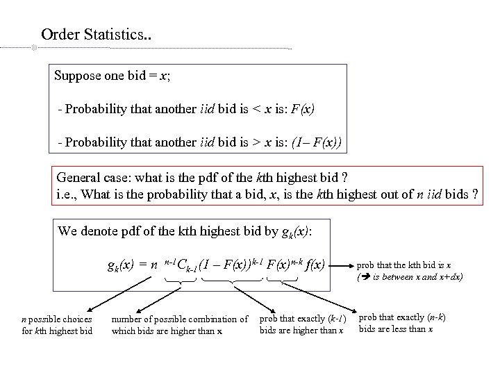 Order Statistics. . Suppose one bid = x; - Probability that another iid bid