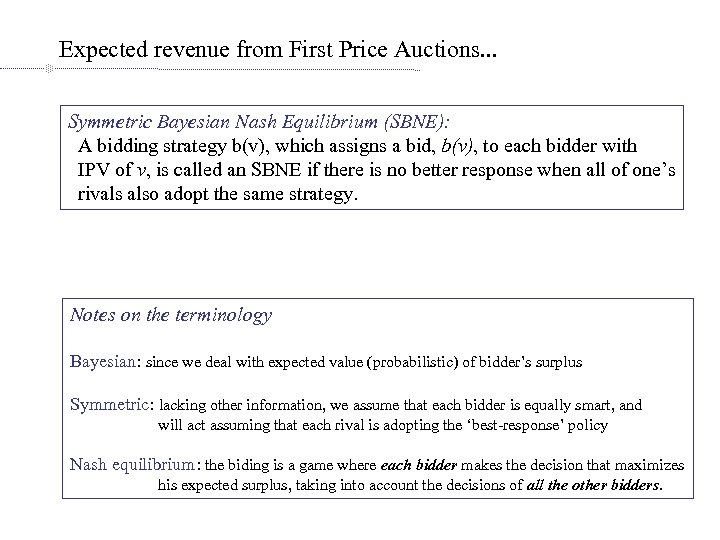 Expected revenue from First Price Auctions. . . Symmetric Bayesian Nash Equilibrium (SBNE): A