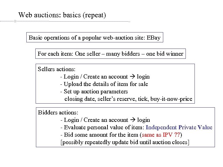Web auctions: basics (repeat) Basic operations of a popular web-auction site: EBay For each
