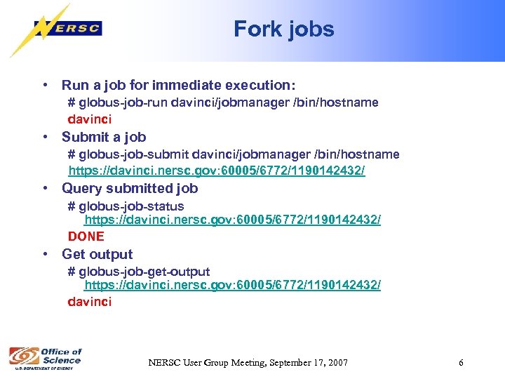 Fork jobs • Run a job for immediate execution: # globus-job-run davinci/jobmanager /bin/hostname davinci