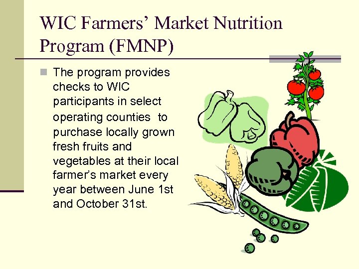 WIC Farmers’ Market Nutrition Program (FMNP) n The program provides checks to WIC participants