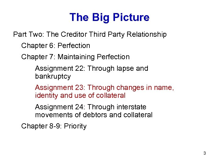 The Big Picture Part Two: The Creditor Third Party Relationship Chapter 6: Perfection Chapter