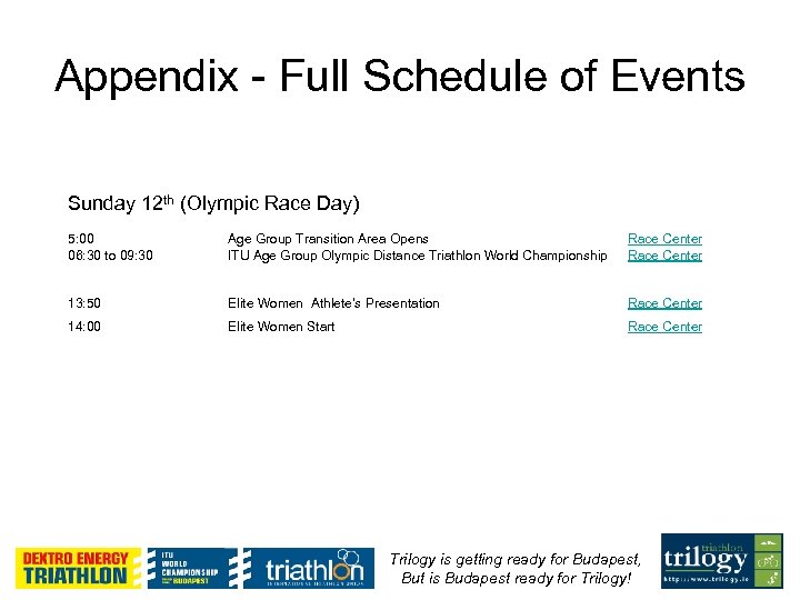 Appendix - Full Schedule of Events Sunday 12 th (Olympic Race Day) 5: 00