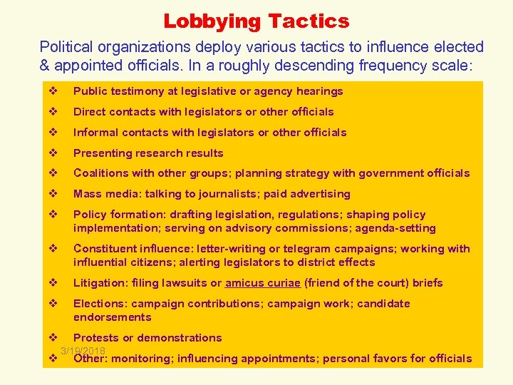 Lobbying Tactics Political organizations deploy various tactics to influence elected & appointed officials. In