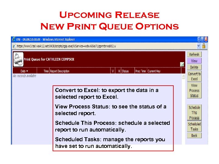 Upcoming Release New Print Queue Options Convert to Excel: to export the data in