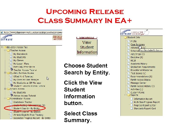 Upcoming Release Class Summary In EA+ Choose Student Search by Entity. Click the View