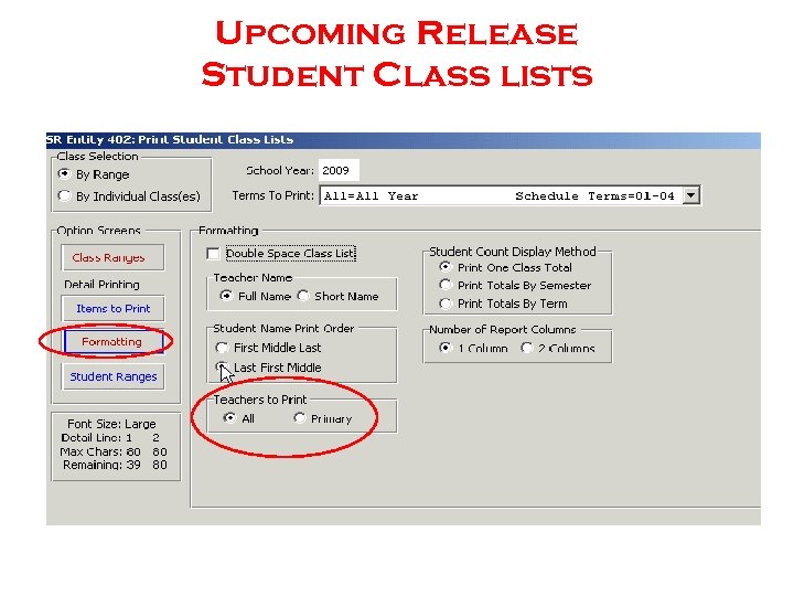 Upcoming Release Student Class lists 