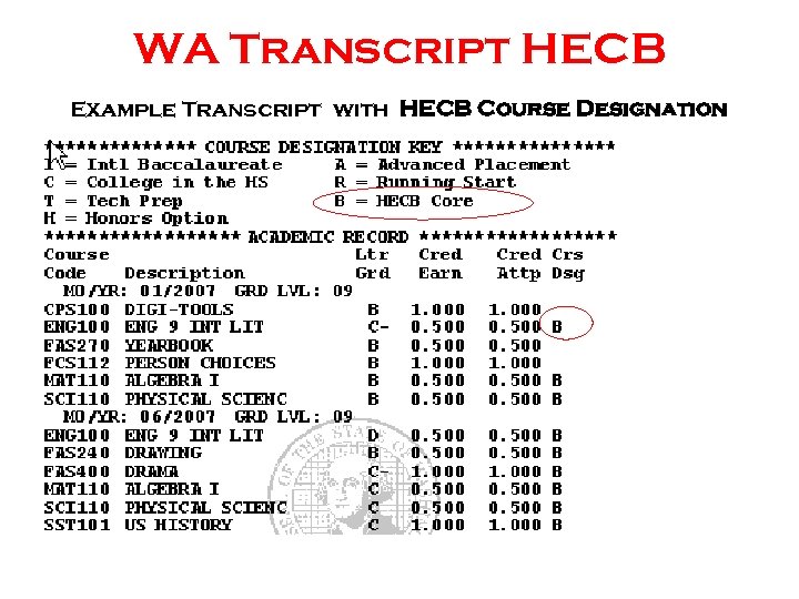 WA Transcript HECB Example Transcript with HECB Course Designation 