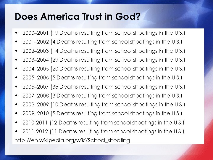 Does America Trust in God? • 2000– 2001 (19 Deaths resulting from school shootings