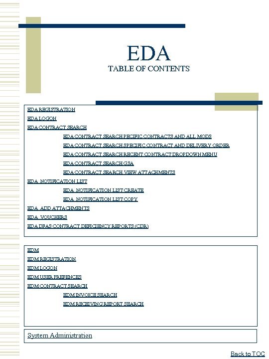 EDA TABLE OF CONTENTS EDA REGISTRATION EDA LOGON EDA CONTRACT SEARCH PECIFIC CONTRACTS AND