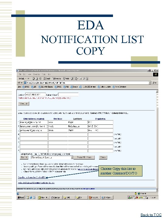 EDA NOTIFICATION LIST COPY Choose Copy this list to another Contract/DO/TO Back to TOC