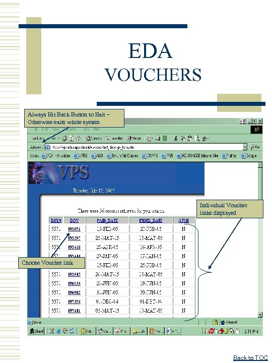 EDA VOUCHERS Always Hit Back Button to Exit – Otherwise exits whole system Individual