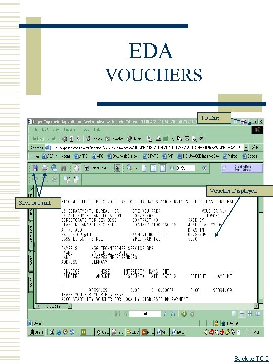 EDA VOUCHERS To Exit Voucher Displayed Save or Print Back to TOC 