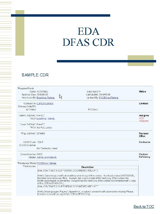 EDA DFAS CDR SAMPLE CDR Back to TOC 