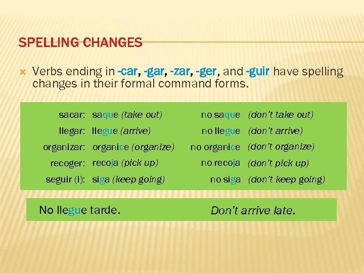 SPELLING CHANGES Verbs ending in -car, -gar, -zar, -ger, and -guir have spelling changes