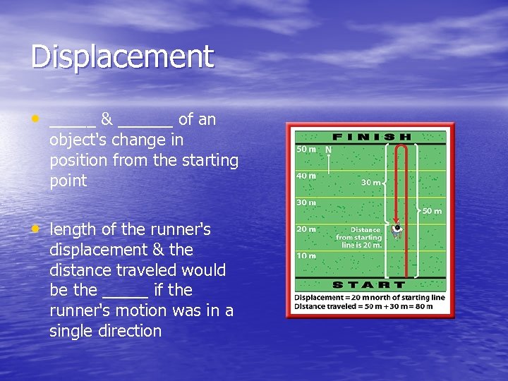 Displacement • _____ & ______ of an object's change in position from the starting