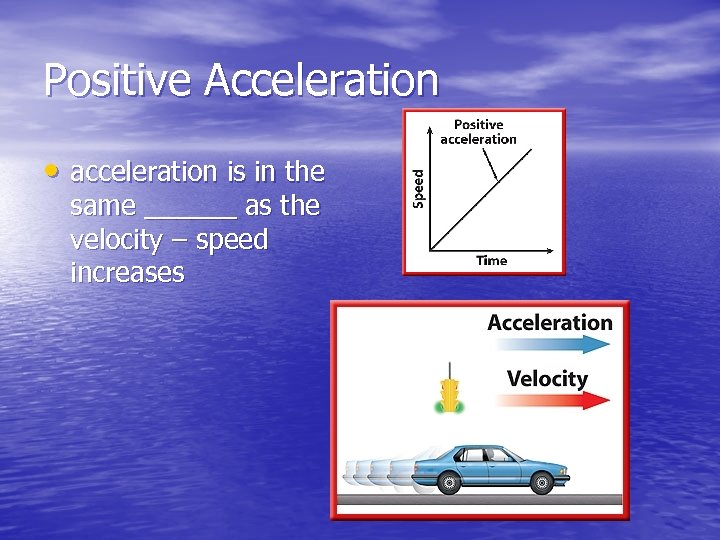 Positive Acceleration • acceleration is in the same ______ as the velocity – speed