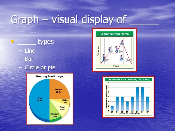 Graph – visual display of _____ • _____ types – – – Line Bar