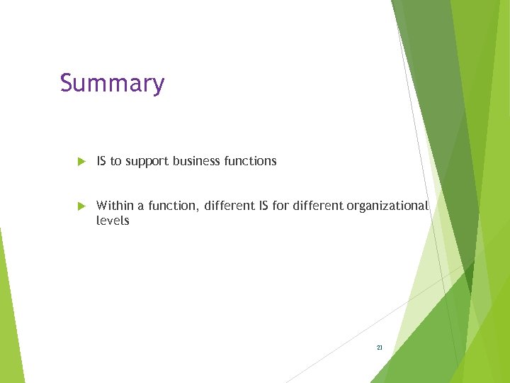 Summary IS to support business functions Within a function, different IS for different organizational