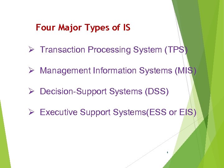 Four Major Types of IS Ø Transaction Processing System (TPS) Ø Management Information Systems