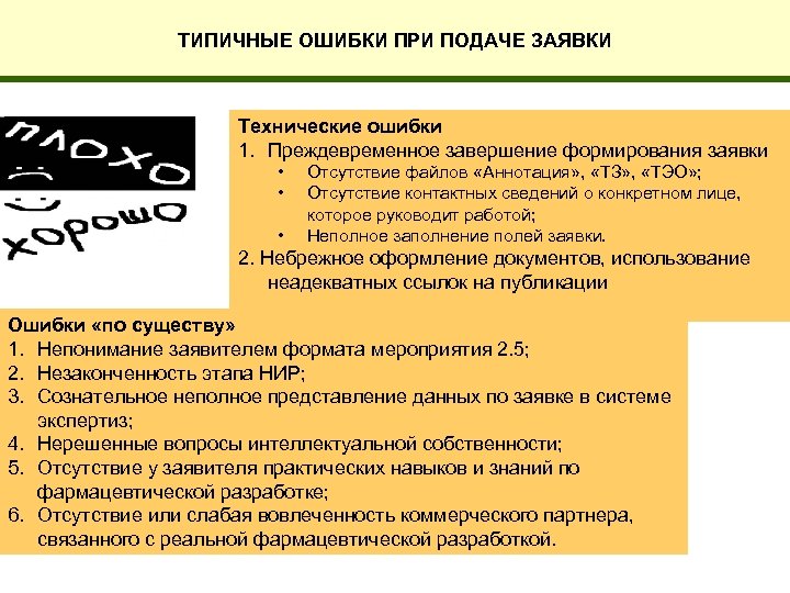 ТИПИЧНЫЕ ОШИБКИ ПРИ ПОДАЧЕ ЗАЯВКИ Технические ошибки 1. Преждевременное завершение формирования заявки • •