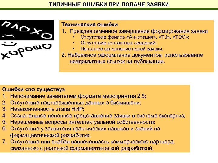 ТИПИЧНЫЕ ОШИБКИ ПРИ ПОДАЧЕ ЗАЯВКИ Технические ошибки 1. Преждевременное завершение формирования заявки • •
