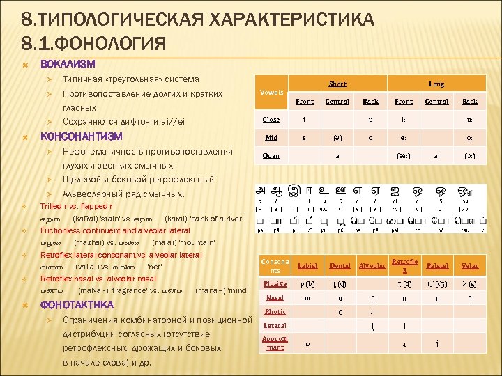 8. ТИПОЛОГИЧЕСКАЯ ХАРАКТЕРИСТИКА 8. 1. ФОНОЛОГИЯ ВОКАЛИЗМ Ø Ø Ø КОНСОНАНТИЗМ Ø Ø Ø