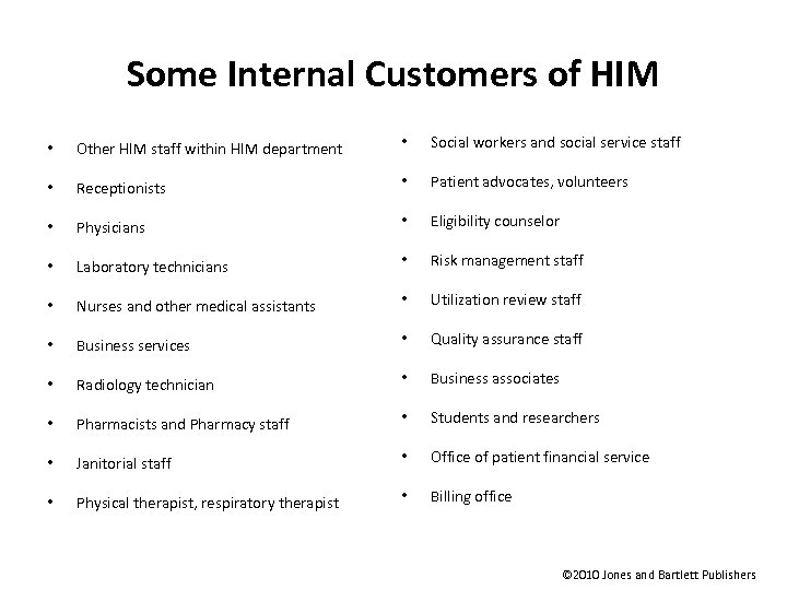 Some Internal Customers of HIM • Other HIM staff within HIM department • Social