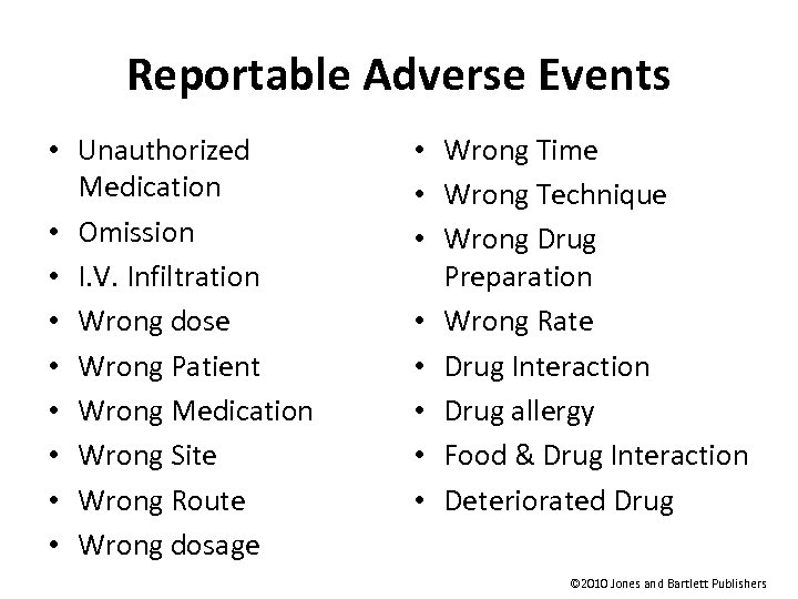 Reportable Adverse Events • Unauthorized Medication • Omission • I. V. Infiltration • Wrong