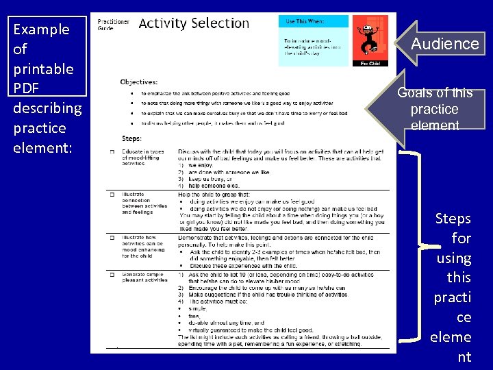 Example of printable PDF describing practice element: Audience Goals of this practice element Steps