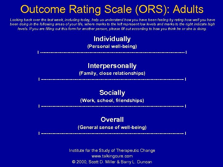 Outcome Rating Scale (ORS): Adults Looking back over the last week, including today, help