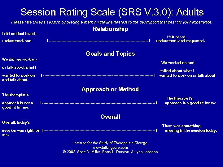 Session Rating Scale (SRS V. 3. 0): Adults Please rate today’s session by placing