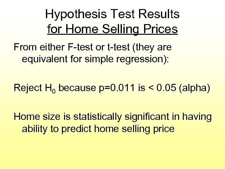 Hypothesis Test Results for Home Selling Prices From either F-test or t-test (they are