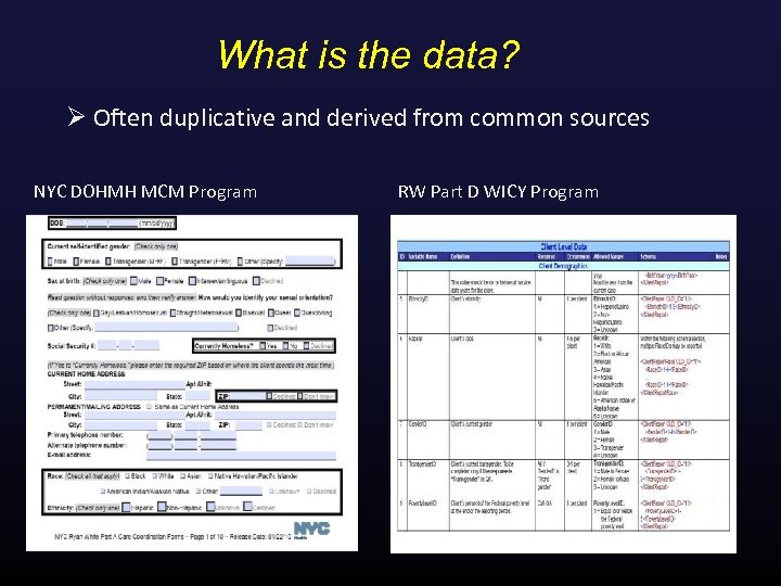 What is the data? Ø Often duplicative and derived from common sources NYC DOHMH