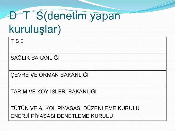 D T S(denetim yapan kuruluşlar) T S E SAĞLIK BAKANLIĞI ÇEVRE VE ORMAN BAKANLIĞI