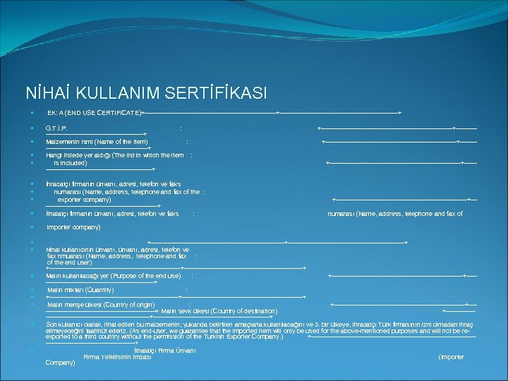 NİHAİ KULLANIM SERTİFİKASI EK: A (END USE CERTIFICATE)+-------------------------------+----------------------------+ G. T. İ. P. : +-------------------------------+----------------------------+