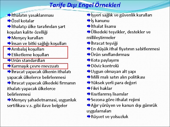 Tarife Dışı Engel Örnekleri Æİthalatın yasaklanması ÆÖzel kotalar Æİthalatçı ülke tarafından şart koşulan kalite