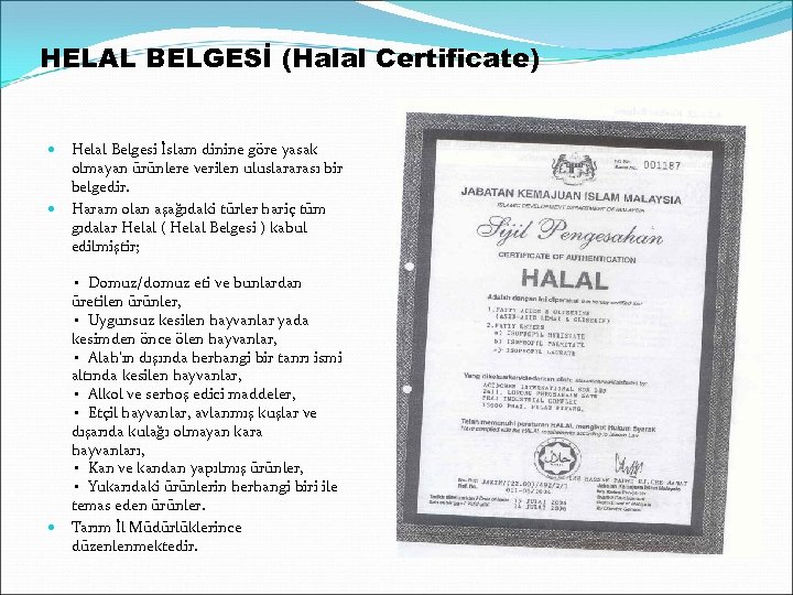 HELAL BELGESİ (Halal Certificate) Helal Belgesi İslam dinine göre yasak olmayan ürünlere verilen uluslararası