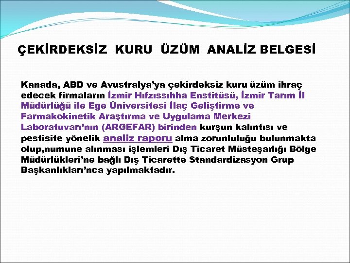 ÇEKİRDEKSİZ KURU ÜZÜM ANALİZ BELGESİ Kanada, ABD ve Avustralya’ya çekirdeksiz kuru üzüm ihraç edecek