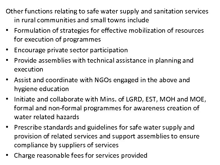 Other functions relating to safe water supply and sanitation services in rural communities and