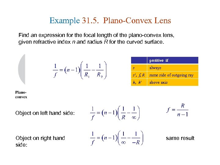 Example 31. 5. Plano-Convex Lens Find an expression for the focal length of the