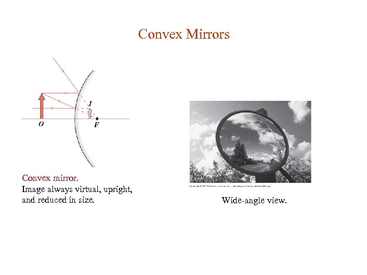 Convex Mirrors Convex mirror. Image always virtual, upright, and reduced in size. Wide-angle view.