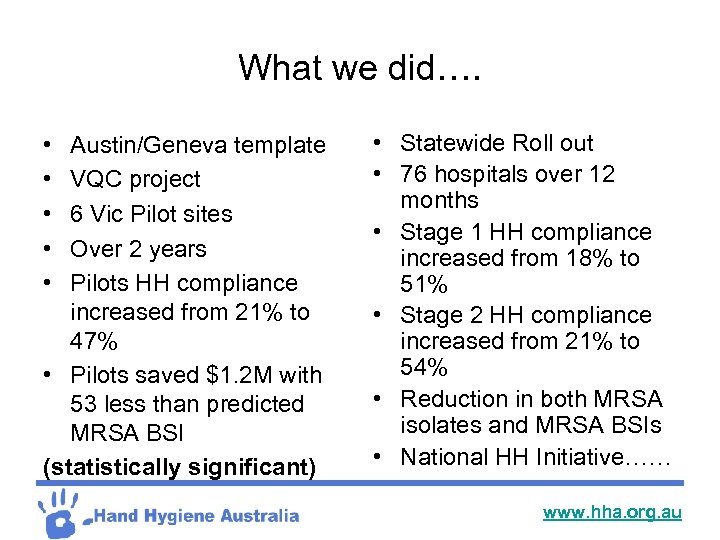 What we did…. • • • Austin/Geneva template VQC project 6 Vic Pilot sites