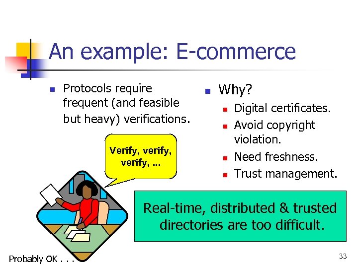 An example: E-commerce n Protocols require frequent (and feasible but heavy) verifications. Verify, verify,