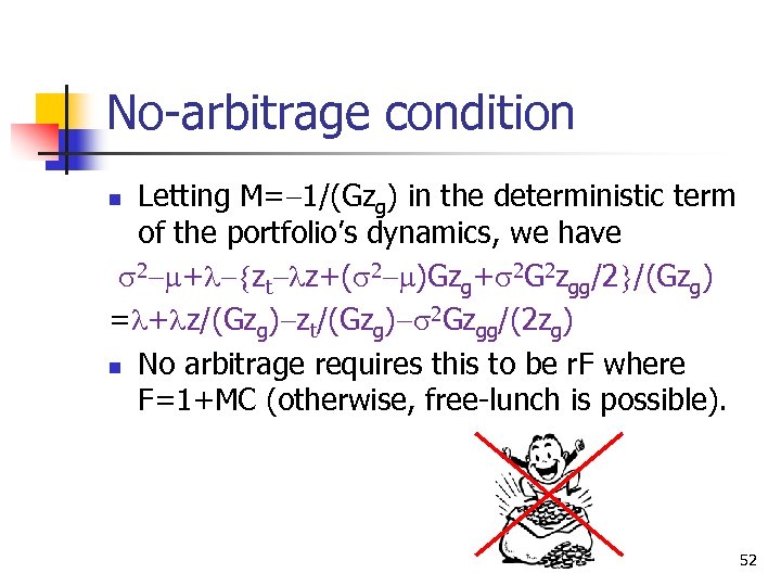 No-arbitrage condition Letting M=-1/(Gzg) in the deterministic term of the portfolio’s dynamics, we have