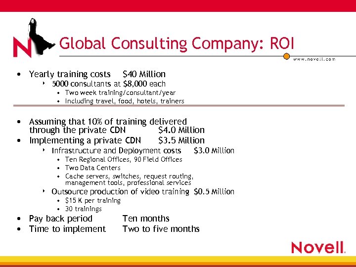 Global Consulting Company: ROI • Yearly training costs 4 $40 Million 5000 consultants at