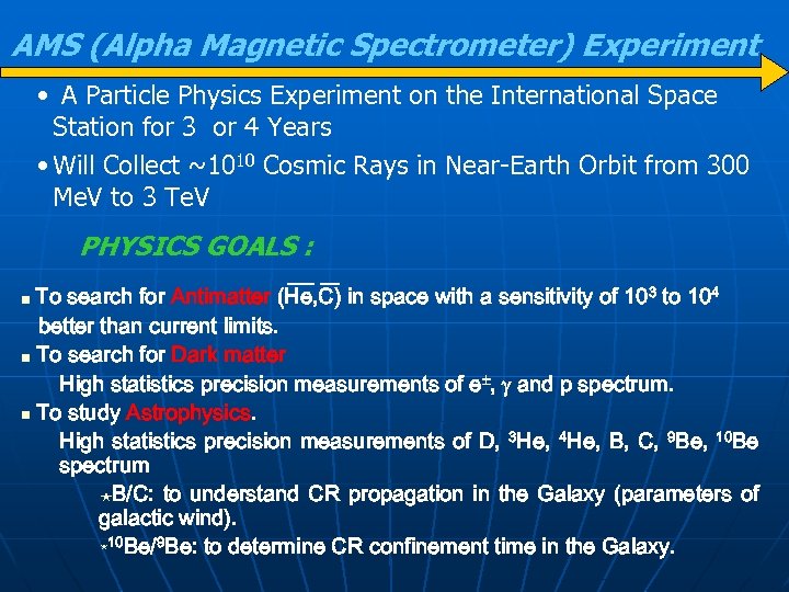 AMS (Alpha Magnetic Spectrometer) Experiment • A Particle Physics Experiment on the International Space
