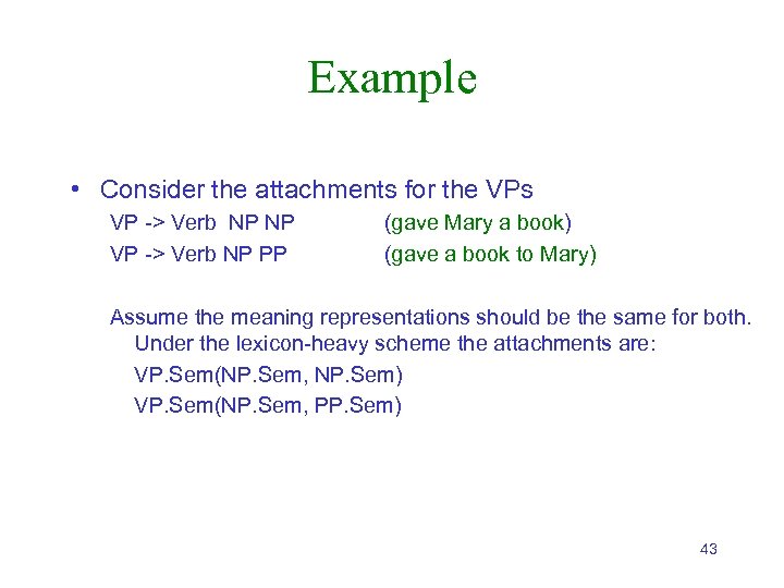 Example • Consider the attachments for the VPs VP -> Verb NP NP VP