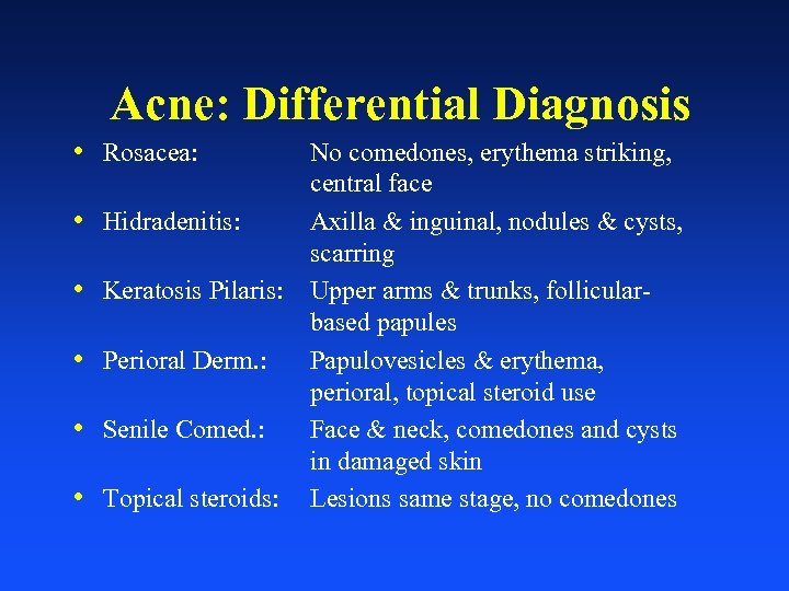 Acne: Differential Diagnosis • Rosacea: • Hidradenitis: • Keratosis Pilaris: • Perioral Derm. :